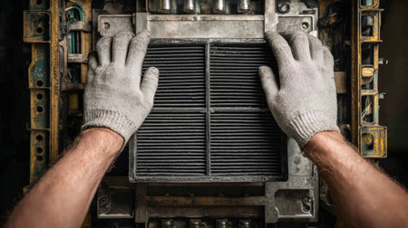 First-person View of Hands Removing Dusty Air Filter from Housing for Replacementの素材