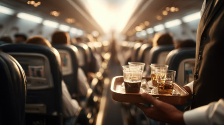 First-person view of steward serving drinks on airplane aisleの素材