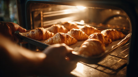 First-Person View of Removing Freshly Baked Croissants from Ovenの素材