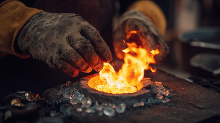 Jeweler Melting Gold in Crucible with Bright Flame and Safety Gearの素材