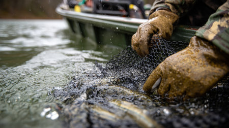 First-person View of Hands Pulling Fishnet from Boat with Wriggling Fishの素材