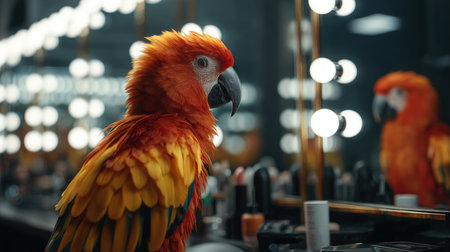 Vibrant Parrot with Trendy Feathers in Boutique Salon Settingの素材