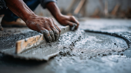 Worker Spreading Cement with Steel Float on Concrete Floor, First-Person Viewの素材