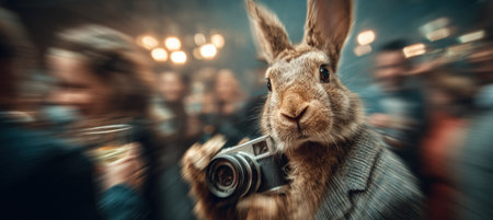 Rabbit with Vintage Camera Captures Candid Party Moments in Dynamic Styleの素材