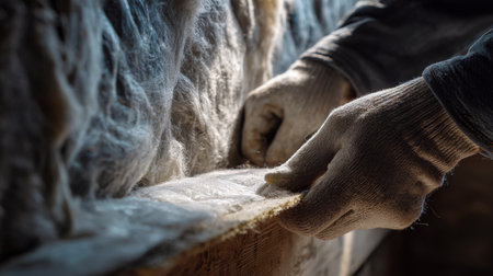 First-person View of Hands Installing Fiberglass Insulation Panel in Wall Cavityの素材