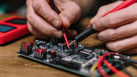 First-person view of hands testing circuit board with multimeter probesの素材