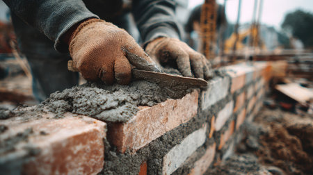 First-Person View of Builder Laying Bricks with Trowel and Mortar at Construction Siteの素材