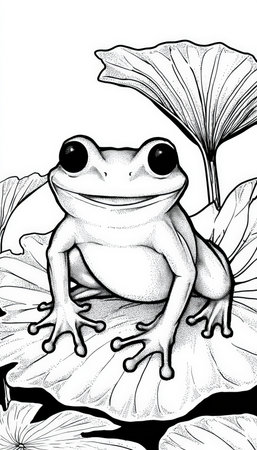 Cartoon Frog with Big Eyes on Lily Pad in Bold Outline Artの素材