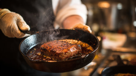 Chefs Hands Searing Meat in Cast-Iron Pan with Sizzling Oil and Rich Texturesの素材