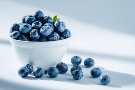 Fresh Blueberries in White Bowl with Soft Shadows on White Backgroundの素材