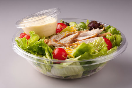 Fresh Salad Bowl with Chicken, Lettuce, Tomatoes, Cheese, and Dressing on Gray Backgroundの素材