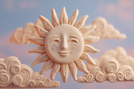 Smiling Clay Sun with Radiant Rays and Sculpted Clouds on Pastel Skyの素材