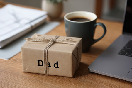 Fathers Day Gift Box on Desk with Coffee and Laptop for Business Themeの素材