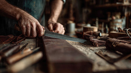 Artisan Crafting: Fitting Metal Blade into Wooden Handle in Workshopの素材