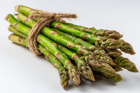 Fresh Green Asparagus Bundle Tied with Twine on White Backgroundの素材