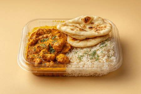 Microwavable Chicken Curry Meal with Rice and Naan on Beige Backgroundの素材
