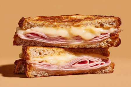 Delicious Croque Monsieur Sandwich with Ham and Cheese on Warm Backgroundの素材
