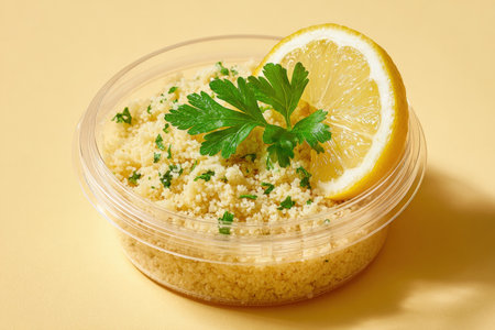 Cooked Couscous in Clear Container with Lemon and Parsley on Yellow Backgroundの素材