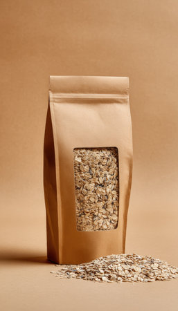 Kraft Paper Pouch with Granola and Transparent Window on Beige Backgroundの素材