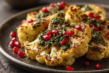 Macro Shot of Roasted Cauliflower Steaks with Chimichurri and Pomegranateの素材