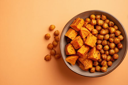Bowl of Roasted Chickpeas and Sweet Potato on Pastel Orange Backgroundの素材