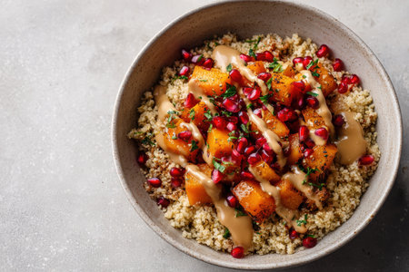 Ceramic Bowl with Bulgur, Roasted Pumpkin, Pomegranate, and Tahini Drizzleの素材