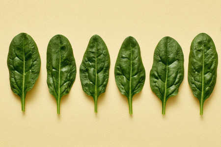 Symmetrical Arrangement of Fresh Baby Spinach Leaves on Cream Backgroundの素材