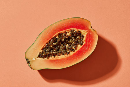 Halved Papaya with Seeds on Pastel Coral Backgroundの素材