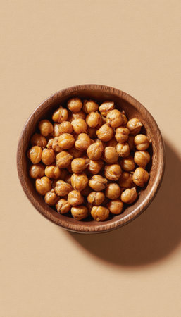 Roasted Chickpeas in Wooden Bowl on Tan Background for Healthy Snack Visualsの素材