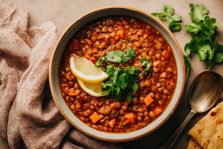 Spicy Vegan Lentil Stew with Cilantro and Lemon on Beige Backgroundの素材