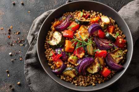 Photorealistic Bowl of Buckwheat with Roasted Vegetables on Stone Surfaceの素材