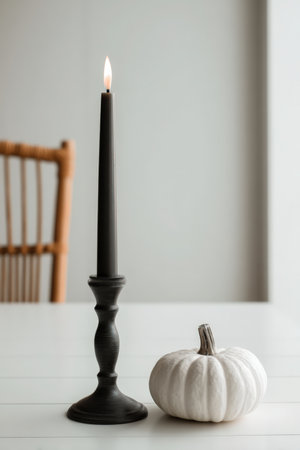 Black Taper Candle and Mini Pumpkin on White Tabletopの素材