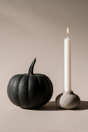 Matte Black Pumpkin and White Candle on Neutral Gray Backgroundの素材