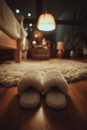 Cozy Home Slippers on Hardwood Floor with Warm Lighting and Rugの素材