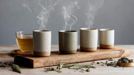 Minimalist Ceramic Candle Jars with Tea and Leaves on Wooden Trayの素材