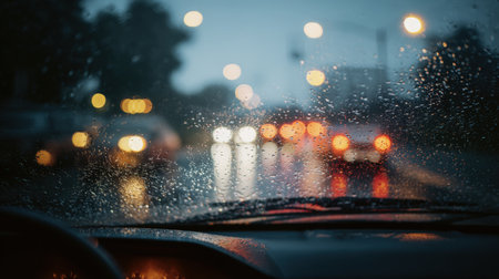 First-person View of Windshield Wipers in Heavy Rain with Blurred Lightsの素材