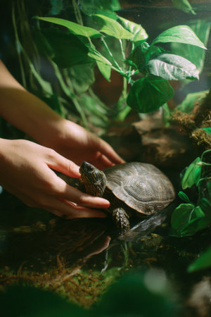 Gently Placing a Turtle in a Leafy Terrarium Habitatの素材