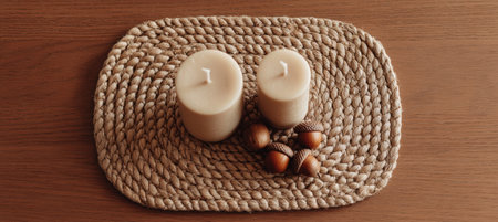 Minimalist Autumn Composition with Pillar Candles and Acorns on Woven Placematの素材