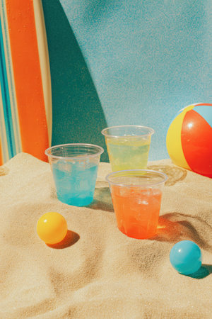 Vibrant Summer Scene with Cocktails, Beach Ball, and Surfboard on Sandの素材