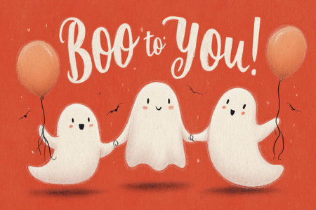 Playful Halloween Illustration with Friendly Ghosts and Balloonsの素材