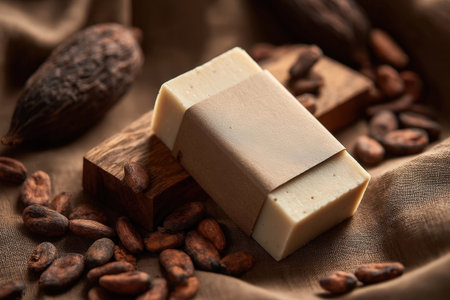 Artisan Soap Bar on Wood with Cocoa Shells in Minimalist Settingの素材