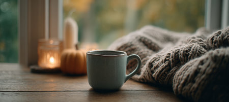 Cozy Autumn Scene with Candle and Mug on Wooden Tableの素材