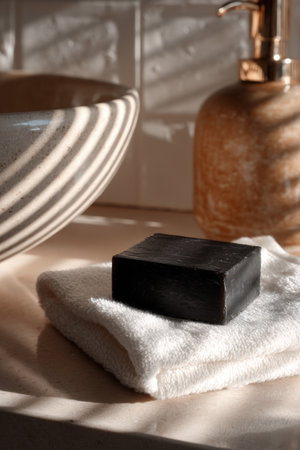 Black Soap Bar on White Towel with Warm Shadows and Ceramic Basinの素材