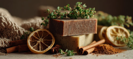 Organic Soap Stack with Dried Citrus, Cinnamon, and Fresh Herbsの素材