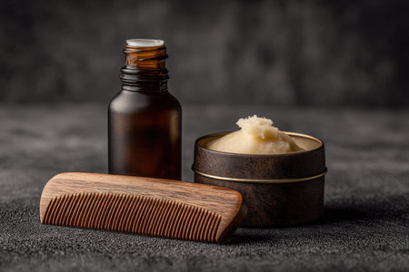 Realistic Studio Photo of Beard Grooming Essentials on Dark Backgroundの素材