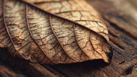 Close-Up of Textured Veins on Dry Leaf with Warm Lightingの素材