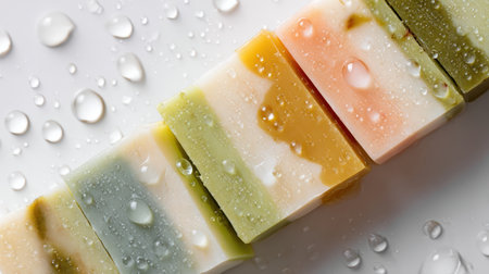 Natural Soap Slices with Water Drops on White Background for E-commerceの素材