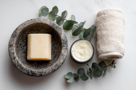 Soap and Skincare Set with Stone Dish, Shea Butter, Eucalyptus, and Towel on Marbleの素材