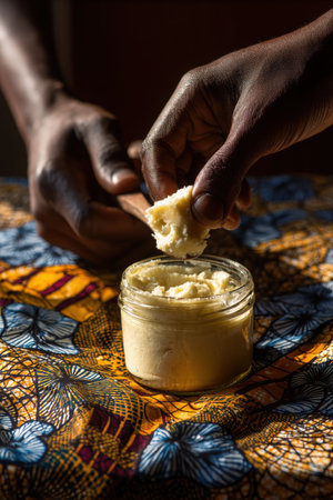 Macro Shot of Shea Butter Being Scooped with African Textile Backgroundの素材