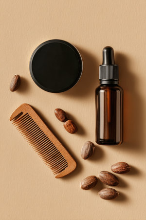 Beard Grooming Essentials: Balm, Oil, Comb, and Shea Nuts on Beige Backgroundの素材